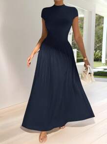 Firerie Minimalistisch Elegant Dagelijks Draagbaar Uniek Effen Kleur Korte Mouw Getailleerde Staande Kraag Asymmetrische A-lijn Taille Lange Jurk