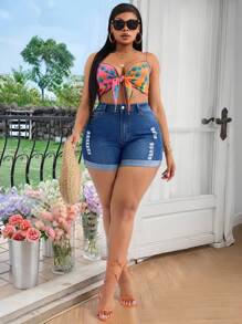 SHEIN SXY Plus Size Women's Casual Boho Denim Blue Elastic Waist Versatile Shorts - Blue - View 5