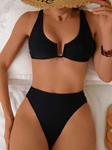 SHEIN Swim 女士两件套沙滩装，夏季新款 U 领带钢圈上衣和高腰比基尼泳裤 - 黑色 - 查看 8