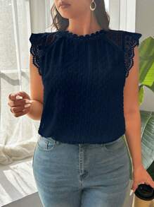 SHEIN Frenchy Plus Size Casual/Work Lace Trim Sleeveless Blouse - Navy Blue - View 5