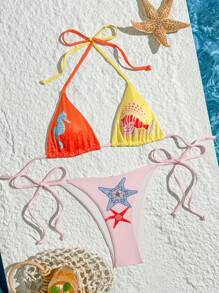 Swim Mod Women's New Ribbed Fabric Ocean Print Halter Backless Bikini Set, Triangle Bottoms, Spring/Summer - Multicolor - View 7