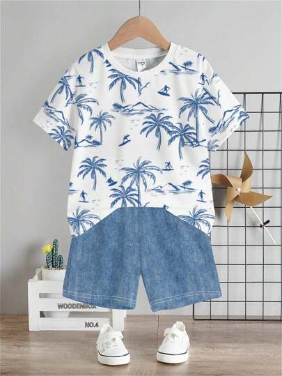 Bộ 2 món/Bộ quần short tay ngắn cổ tròn họa tiết phong cảnh hoạt hình thường ngày cho bé trai, thích hợp cho mùa hè