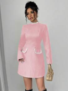 Elenzga 女式立领仿珍珠装饰口袋缀饰短款连衣裙