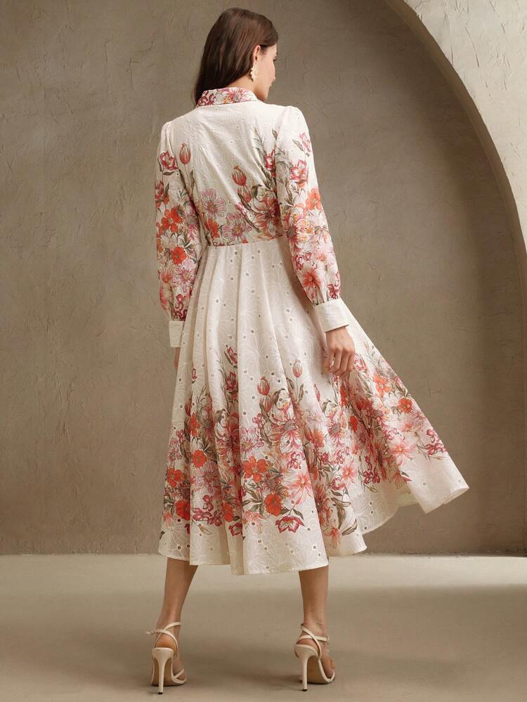 Embroidered Blouson Shirt Dress With Floral Print, Elegant For Spring, Vacation, Festival, Easter