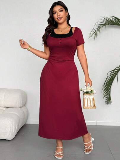 SHEIN Clasi Plus Size Women's 2 In 1 Cinched Waist Short Sleeve Casual Everyday Dress
