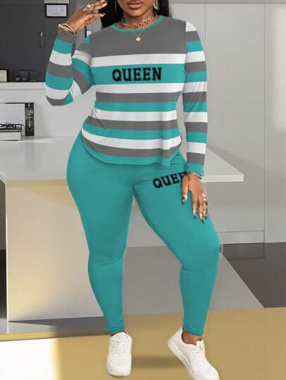 Maweii 大码女式条纹圆领印花长袖上衣和修身长裤套装，秋季