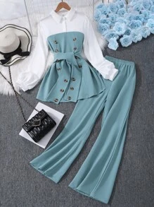 SHEIN 2 件/套青少年女孩面料拼布领带腰带双纽扣灯笼袖上衣和纯色长裤套装 - 綠色 - 查看 6