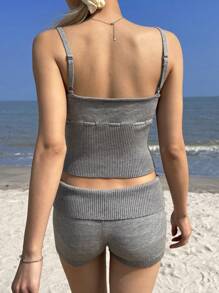 SHEIN EZwear 2 件套女士深灰色系带吊带背心针织上衣和针织短裤 - 灰色 - 查看 3