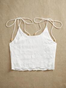 SHEIN VCAY Solid Color Women's Woven Spaghetti Strap Cropped Tank Tops, Vacation Wear,Spring For Women Casual Vacation - White - View 2