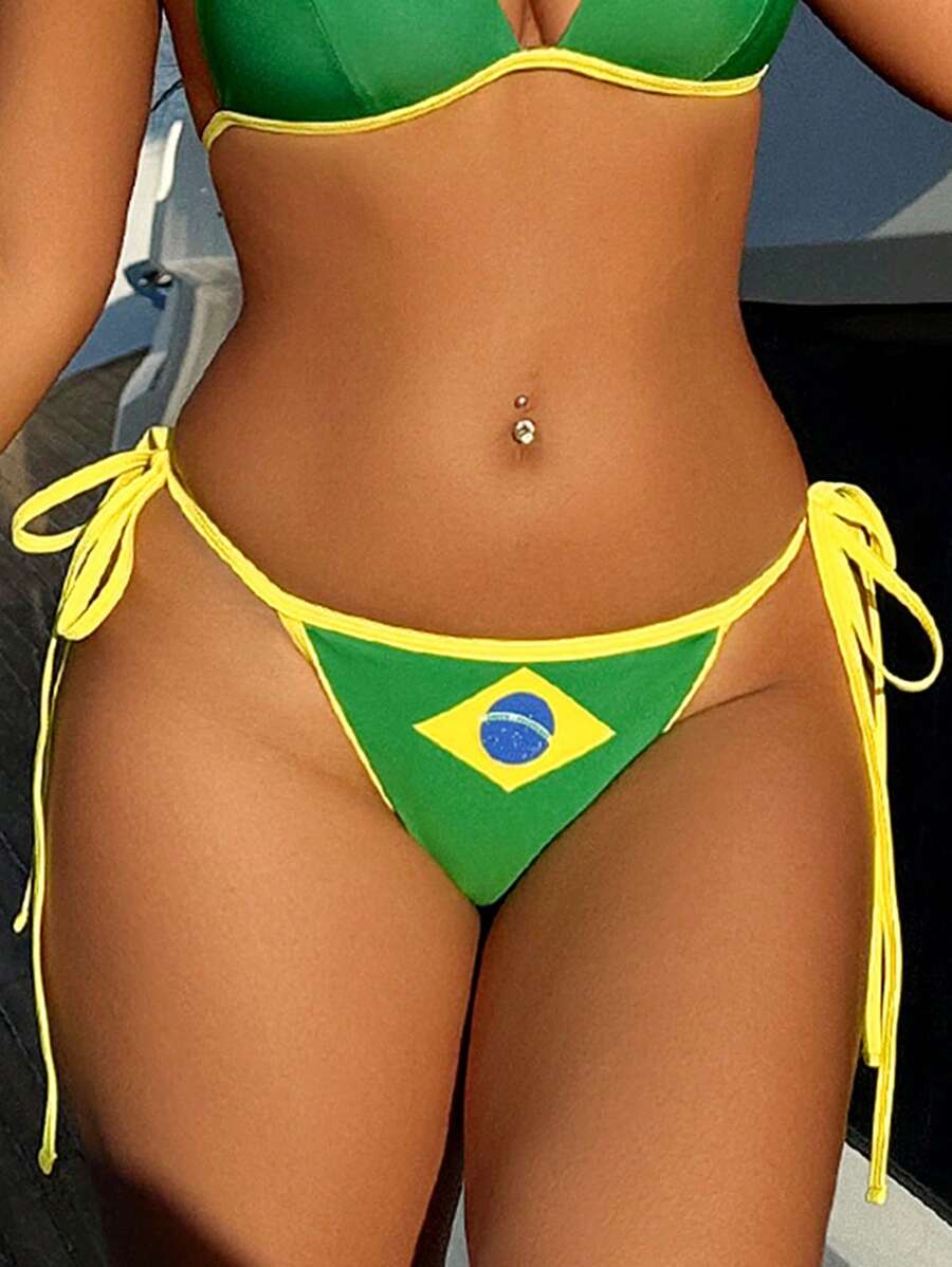 SHEIN Beach Summer Women Bottoms With Drawstring & National Flag Print - Green - View 1