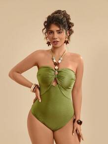 Travachic Plus Size Tropical Summer Beachwear Halter Hollow-Out Swimwear + Plant Print Tie Bow Sheer Sarong Swimwear Set For Women Country Concert Outfit - Green - View 6