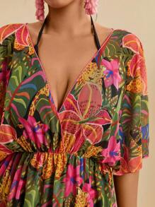 Travachic Plus Size Women's Tropical Floral Print Loose V-Neck Criss-Cross Beach Cover Up Swimsuit, Casual Resort Wear, Sun Protection Country Concert Outfit, Sarong - Multicolor - View 6