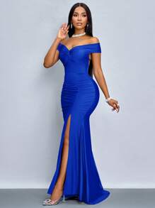 SOLERSUN Đầm Maxi xẻ tà thanh lịch màu trơn thời trang dành cho nữ - Xanh đậm - Xem 3