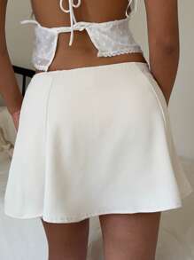 Aloruh Elegant Bow Decor Mini Vintage Puff Skirt A-Line High Waist Skirt, Slim-Fit, Early Spring - Beige - View 2