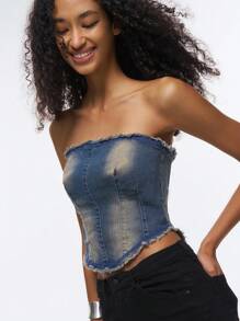 Easelle Top scurt din denim rupt, stil western pentru femei, stil cowgirl vintage hippie, cu fermoar la spate și franjuri, potrivit pentru festivaluri de muzică de vară - Spălare întunecată - Vizualizare 4