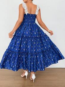 Flirla Plus Size Women Square Collar Contrast Lace Romantic Vacation Dress, Spring/Summer - Blue - View 2