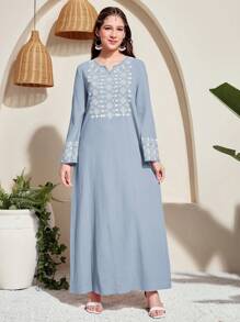 SHEIN Leap Crew Teen Girls Hazy Blue Elegant Floral Retro Patterned Robe, Vacation Wear, Spring/Summer - Dusty Blue - View 3