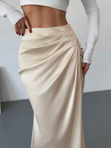 Firerie 优雅浪漫纯色缎面长裙，简约设计，适合约会、工作、百搭、春夏演唱会狂欢女性、毕业典礼、女性教师、返校 - 杏色 - 查看 2