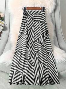 SHEIN LUNE Women's Stripe & Floral Print Loose A-Line Skirt, Comfortable & Stylish, Versatile For Spring/Summer