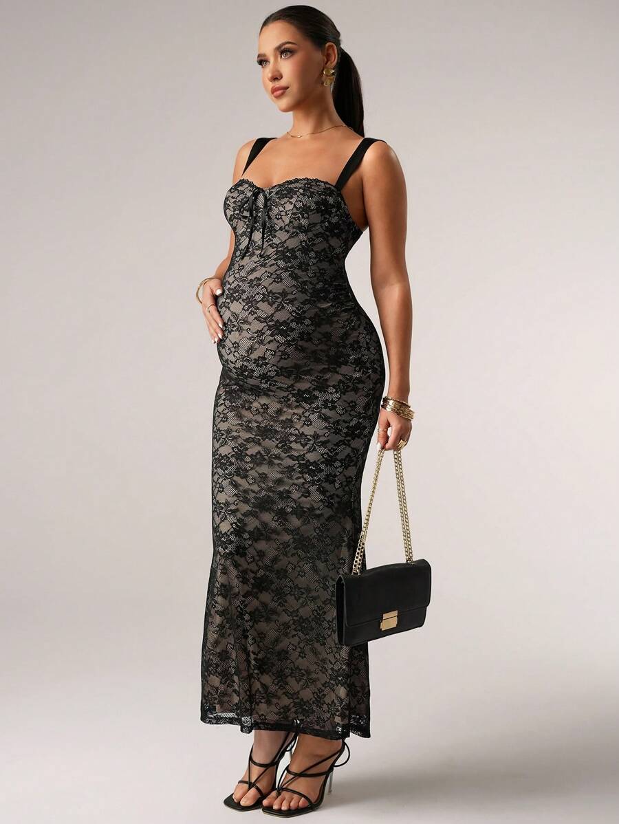 MaterniChic 孕妇优雅蕾丝修身无袖连衣裙，夏季 - 黑色 - 查看 1