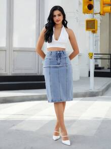 SHEIN Essnce Women High-Waist Straight Casual Versatile Denim Skirt - Medium Wash - View 3