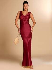 SHEIN BAE Solid Color Elegant Plunge Neckline Backless Tie Strap Mermaid Hem Sexy Sling Dress, Suitable For Cocktail Party, Romantic Date, Autumn/Winter Base Layer Dress, Party, Wedding Bridesmaid Dress, Night Out Dress, Halloween Dress, Christmas Dress - Burgundy - View 2