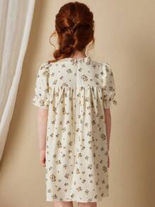 Blossori Vestido elegante para niñas al estilo francés con fondo en color albaricoque, cuello con volantes tejidos en gris y amarillo, para primavera/verano