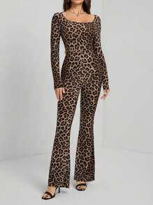 SHEIN Tall Women's Autumn Leopard Print Square Neck Long Sleeve Flared Fashion Jumpsuit