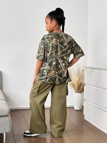 2 件套 Tween 女童迷彩宽松短袖 T 恤和工装裤套装 - 軍綠色 - 查看 8