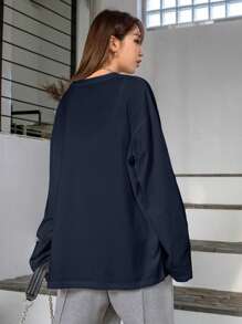 DAZY Split Hem Drop Shoulder Tee,Fall Clothes Long Sleeve Women Tops - Navy Blue - View 2