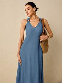 Poéselle 夏季海滩 V 领长裙 木环装饰肩带 纹理飘逸面料海滩夏季连衣裙 柔和色连衣裙长裙 夏季连衣裙 长滩连衣裙 海滩女士连衣裙 亚麻连衣裙