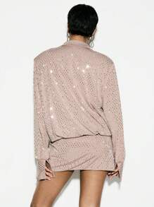 KIZN Vestido mini de hombros sobredimensionados, colección de brillo con adornos de strass metálicos termoadhesivos para declaración de fiesta, club y noche