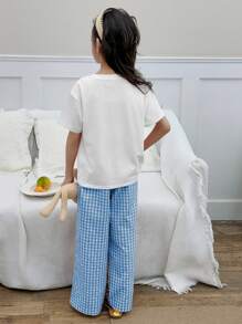 DAZY 2 件套 Tween 女童圆领熊印花针织短袖 T 恤 + 格子编织裤春夏装 - 藍白色 - 查看 3