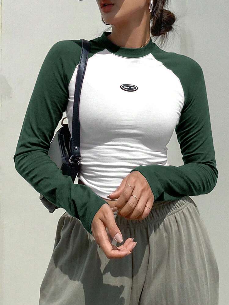 Women's Contrast Shoulder Long Sleeve Casual T-Shirt With Applique Letter