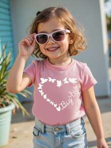 SHEIN Young Girl Casual Fashion Creative Butterfly & Heart Shape Graphic Letter Print Short Sleeve T-Shirt, Mommy And Me Matching - Dusty Pink - View 3