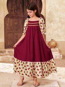 SHEIN Tween Girls' Vacation Casual Color Block Ditsy Floral Puff Sleeve Midi Dress With Square Neckline - Burgundy - View 3