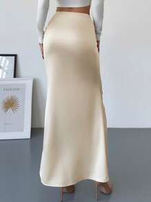 Firerie 优雅浪漫纯色缎面长裙，简约设计，适合约会、工作、百搭、春夏演唱会狂欢女性、毕业典礼、女性教师、返校 - 杏色 - 查看 3