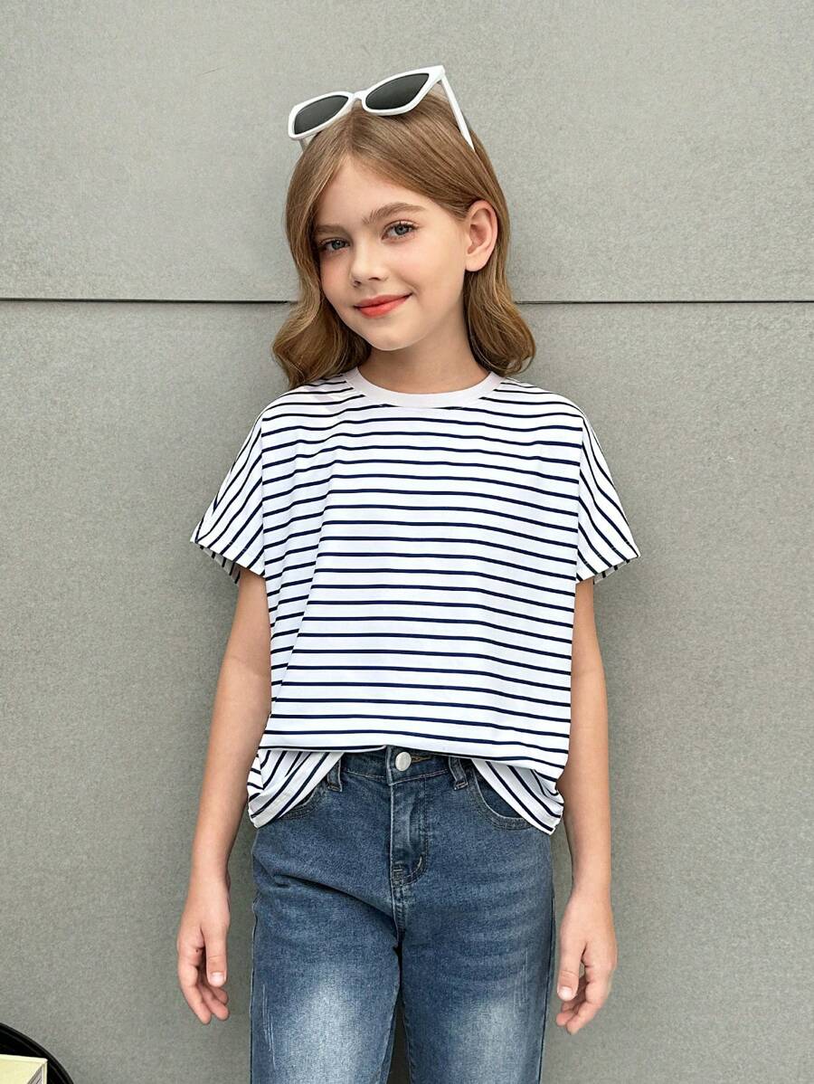SHEIN Tween Girl Casual Striped Round Neck Blouse - Blue and White - View 1