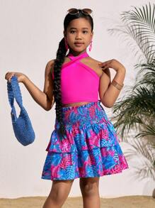 SHEIN Leap Crew Tween Girl Summer Halter Racerback Tank Top + Tiered Cake Ruffle Skirt Set, Suitable For Vacation And Beach - Hot Pink - View 4