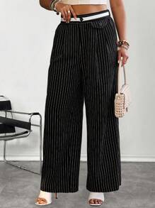 Flirla Plus Size Women Black And White Striped Casual Pants, Spring/Summer - Black - View 4