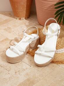 Styleloop Sandalias de cuña de lona con cordones de estilo bohemio para mujer - Blanco - Ver 4