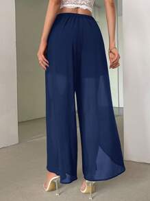 SHEIN Privé 女士优雅通勤 V 形下摆透明雪纺高腰喇叭裤 - 藏蓝色 - 查看 2