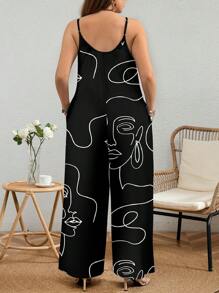 EMERY ROSE Plus Size Women Line Figure Print Wide Leg Spaghetti Strap Jumpsuit Suitable For Going Out,Flower/Spring/Summer/Vacation - Black - View 2
