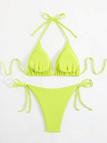 SHEIN Swim 女士两件套泳衣 - 三角形上衣和丁字裤 - 青檸色 - 查看 2