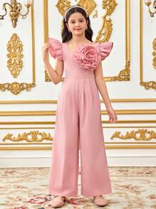 SHEIN Leap Crew Tween Girls Woven Solid Color 3D Flowers Decorated Square Neck Ruffled Elegant Pink Jumpsuit, Light Pink, Suitable For Spring Outings, Pastoral Style, Garden Afternoon Tea, Casual Outings,Valentine Day Tween Girl,Flower Girl - Pink - View 4