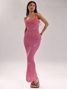 SHEIN BAE Sexy Damen Glitzer Fransen Ausschnitt-Ausschnitt lang anliegendes Bodycon Strickkleid