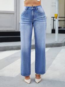 SHEIN Essnce Quần Jeans Ống Thẳng Đính Đinh Tán Thời Trang Thường Ngày Cho Nữ - Rửa trung bình - Xem 3