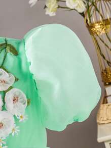 SHEIN Tween Girl Elegant Casual Versatile Puff Sleeve Midi Dress, Organza Floral Hem Decor, Suitable For Outings, Parties In Spring, Summer, Autumn, Girls' Luxury Attire, Princess Style, Wedding Season, Floral/Partial Decoration Design Young Girl Party Dress Young Girls Clothing Easter Dress - Green - View 4