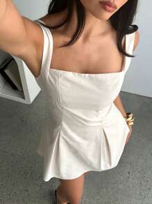 Aloruh 女式性感可爱后绑蝴蝶结束腰 A 字方领迷你连衣裙米色，女式夏季服装女式夏季连衣裙度假服装女士沙滩装 - 杏色 - 查看 4