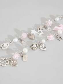 ROMWE Kawaii 2 件可爱心形和蝴蝶结珍珠吊坠手链套装，适合朋友、情侣、节日礼物、情人节 - 淺粉色 - 查看 3